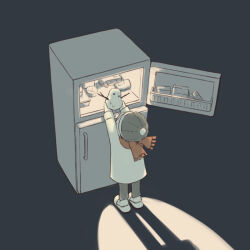 1other ambiguous_gender avogado6 beanie black_background child coat from_above from_behind hat holding long_sleeves melting original outstretched_arms pants red_scarf refrigerator scarf shoes silhouette snowman solo standing stick
