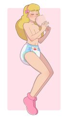 1girl blonde_hair blue_diaper breast_sucking breasts closed_eyes diaper highres long_hair medium_breasts midriff navel pieceofsoap underwear underwear_only