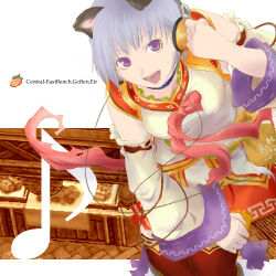 1girl bow bowtie brown_thighhighs commentary_request cowboy_shot detached_sleeves food fruit grey_hair headphones leaning_forward looking_at_viewer lowres meandros musical_note open_mouth orange_(fruit) pink_bow pink_bowtie puiko_(rivulet_brook) purple_eyes ragnarok_online shirt short_hair sleeveless sleeveless_shirt smile solo star_gladiator_(ragnarok_online) thighhighs white_shirt white_sleeves