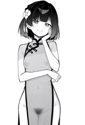 1girl alternate_costume bare_arms bare_shoulders blush breasts china_dress chinese_clothes closed_mouth commentary_request cowboy_shot dot_nose dress female_pubic_hair flower gakuen_idolmaster greyscale hair_flower hair_ornament hand_on_own_cheek hand_on_own_face hataya_misuzu highres idolmaster inverted_nipples looking_at_viewer makigirisu medium_breasts mole mole_under_mouth monochrome navel pubic_hair see-through_clothes see-through_dress short_hair simple_background sleeveless sleeveless_dress smile solo standing tassel thigh_gap white_background