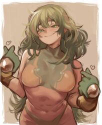 1girl absurdres blush boku_no_hero_academia breasts closed_mouth commentary english_commentary gloves green_eyes green_hair hagakure_toru heart highres large_breasts long_hair looking_at_viewer messy_hair navel official_alternate_costume pointing pointing_at_self simple_background smile solo someone_(someone199912)