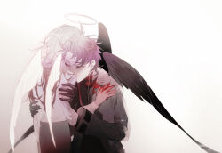 Rule 34 | 2boys, artistguillotine, black gloves, black shirt, black wings, blood, blood on clothes, blood on hands, chinese commentary, commentary request, earrings, feathered wings, gloves, grey jacket, halo, hand on another&#039;s shoulder, hands on another&#039;s arms, hatsutori hajime, highres, jacket, jewelry, long hair, male focus, multiple boys, pink hair, red eyes, saibou shinkyoku, shirt, short hair, theodore riddle, white background, white shirt, white wings, wings