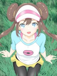 Rule 34 | 1girl, :d, absurdres, arm support, black pantyhose, blue eyes, bright pupils, brown hair, collarbone, commentary request, day, double bun, eyelashes, grass, hair bun, happy, highres, long hair, looking up, majikichi915, nintendo, open mouth, outdoors, pantyhose, pantyhose under shorts, pokemon, pokemon bw2, raglan sleeves, rosa (pokemon), shirt, shorts, sitting, smile, solo, twintails, visor cap, white pupils, yellow shorts
