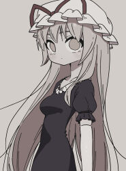 1girl :o absurdres blonde_hair collarbone dress elbow_gloves expressionless gloves grey_background hat highres long_hair mob_cap purple_dress short_sleeves solo touhou uzou_(uzooooooooo) very_long_hair white_gloves yakumo_yukari yellow_eyes