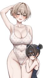 Rule 34 | 2girls, :d, absurdres, arm up, armpits, black hair, black one-piece swimsuit, blue eyes, blush, breasts, brown hair, cleavage, collarbone, covered navel, cowboy shot, gwan-e, half-closed eyes, highleg, highleg one-piece swimsuit, highres, large breasts, mother and daughter, multiple girls, one-piece swimsuit, open mouth, original, short hair, sideboob, simple background, smile, swimsuit, thigh gap, tsukasa erin (gwan-e), tsukasa karin (gwan-e), white background, white one-piece swimsuit