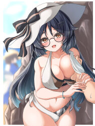2girls assisted_exposure bikini black_hair breasts brown_eyes cleavage commentary_request glasses hand_on_another&#039;s_chest hat heian_maru_(kancolle) heian_maru_(swimsuit)_(kancolle) highres jingei_(kancolle) kantai_collection kasashi_(kasasi008) large_breasts long_hair multiple_girls pov side-tie_bikini_bottom smile sun_hat swimsuit white_bikini white_hat