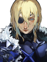 1boy armor blonde_hair blue_eyes bodysuit cape closed_mouth commentary_request dimitri_alexandre_blaiddyd dimitri_alexandre_blaiddyd_(timeskip) eyepatch fire_emblem fire_emblem:_three_houses fur-trimmed_cape fur_trim hair_between_eyes highres looking_at_viewer messy_hair n_e_m nintendo shade short_hair shoulder_armor simple_background solo thick_lips upper_body white_background