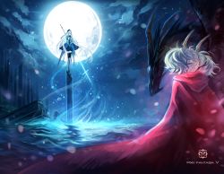 Rule 34 | 2girls, dragon, full moon, hat, horns, magic, moon, multiple girls, pixiv fantasia, pixiv fantasia 5, polearm, shell (shell518), spear, standing, thighhighs, water, weapon, wewapon