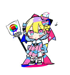 1girl absurdres ankle_socks back_bow black_bow black_shoes blonde_hair blue_bow blue_eyes blue_hair blush_stickers bow buttons character_request closed_mouth collared_shirt color_wheel colored_inner_hair colored_shadow commentary_request copyright_request cross-laced_clothes cross-laced_top deformed dripping expressionless eyelashes frilled_skirt frills full_body furrowed_brow hair_bow hair_ornament highres holding holding_microphone_stand jacket long_sleeves looking_at_viewer medium_skirt microphone_stand multicolored_eyes multicolored_hair multiple_hair_bows pink_bow pink_eyes pink_jacket pink_skirt pink_sleeves pleated_skirt red_bow shadow shirt shoes short_hair simple_background skirt skirt_set sleeves_past_fingers sleeves_past_wrists sneakers socks solo sugar_cube sugar_cube_hair_ornament terada_tera two-tone_bow two-tone_eyes white_background white_bow white_shirt white_socks yellow_bow