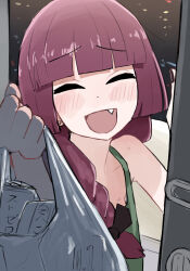 1girl :d ^_^ alcohol_carton bag bocchi_the_rock! braid closed_eyes condom_box doorway fang highres hiroi_kikuri long_hair nicora open_mouth plastic_bag pov_doorway red_hair smile solo strong_zero