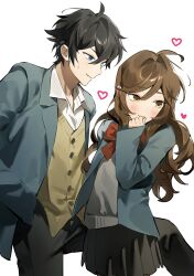 1boy 1girl ahoge black_hair black_pants black_skirt blazer blue_eyes blush bow bowtie brown_cardigan brown_eyes brown_hair cardigan closed_mouth collared_shirt commentary_request cowboy_shot eyelashes grey_jacket grey_sweater hand_up heart hetero highres hori-san_to_miyamura-kun hori_kyouko hvvvzzz jacket korean_commentary long_hair long_sleeves looking_at_another loving_aura miyamura_izumi open_clothes open_jacket pants parted_lips pleated_skirt red_bow red_bowtie shirt short_hair simple_background skirt smile standing sweatdrop sweater white_background white_shirt