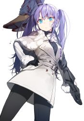 1boy 1girl ahoge bandaid bandaid_on_face belt belt_buckle black_gloves black_pantyhose black_umbrella blood blood_on_clothes blue_eyes blue_pants blush breasts brown_footwear buckle buttons closed_mouth closed_umbrella coat double-breasted dripping dutch_angle expressionless fur-trimmed_sleeves fur_trim gloves grey_coat hand_on_own_hip holding holding_umbrella legs_apart long_hair long_sleeves looking_at_viewer medium_breasts original pants pantyhose pink_hair pom_pom_(clothes) seamed_legwear shoe_soles shoes side-seamed_legwear simple_background solo_focus standing sukja tsurime twintails umbrella very_long_hair white_background winter_clothes