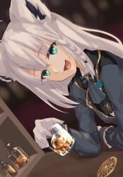1girl ahoge animal_ear_fluff animal_ears ascot bar_(place) blue_ascot blue_jacket blurry blurry_background braid commentary_request cup dutch_angle earrings fox_ears fox_girl gloves green_eyes hair_between_eyes highres holding holding_cup hololive jacket jewelry leaning_on_table long_hair looking_at_viewer open_mouth shirakami_fubuki shirakami_fubuki_(aristocrat_kei) sidelocks single_braid solo takino_(taji_tlstd) virtual_youtuber white_gloves white_hair