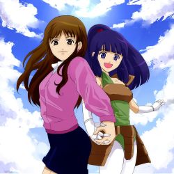 Rule 34 | 2girls, blue eyes, blue hair, blue sky, breasts, brown eyes, brown hair, earrings, gloves, grin, holding hands, jewelry, kayura, leotard, long hair, looking at viewer, multiple girls, nasti yagyu, open mouth, pantyhose, ponytail, ronin warriors, shorts, sky, smile, sunlight, sunrise (company), sweater, yagyu nasuti, yoroiden samurai troopers