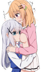 Rule 34 | 2girls, between breasts, blonde hair, blue eyes, blush, breasts, commentary request, face between breasts, gochuumon wa usagi desu ka?, grey hair, head between breasts, highres, hoto cocoa, kafuu chino, long hair, long sleeves, medium breasts, miruzawa akechi, multiple girls, nipples, open mouth, pink shirt, pleated skirt, purple eyes, school uniform, shirt, simple background, skirt, translation request, white background, white shirt, white skirt, yuri