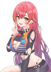 1girl absurdres belt_collar black_nails black_shorts bra breasts cleavage collar gradient_hair hair_flaps highres hip_tattoo long_hair multicolored_hair nakano_kura nekota_tsuna nekota_tsuna_(1st_costume) open_mouth orange_eyes paint_splatter parted_bangs red_hair shorts shrug_(clothing) simple_background solo spiked_ear_piercing striped_bra striped_clothes torn_clothes underwear v virtual_youtuber vspo! white_background