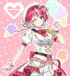 1girl beret colored_inner_hair hat idol_clothes idolmaster idolmaster_va-liv multicolored_hair red_hair short_hair tomori_manaka tonguewasabi two-tone_hair virtual_youtuber