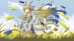 1girl absurdres arknights bare_shoulders bead_necklace beads blonde_hair blush breasts brooch closed_mouth collarbone dragon dragon_girl dragon_horns dragon_tail earrings eastern_dragon eastern_dragon_horns eastern_dragon_tail green_eyes hair_between_eyes highres holding holding_sword holding_weapon horns jewelry long_hair looking_at_viewer medium_breasts necklace pointy_ears shu_(arknights) smile solo_focus strapless sword tail tassel tassel_earrings tube_top weapon white_tube_top yitiaoyuwe