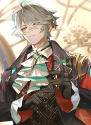 1boy absurdres alhaitham_(genshin_impact) alhaitham_(kfc)_(genshin_impact) antenna_hair artist_name ascot black_coat black_gloves black_vest blurry blurry_background brooch chandelier coat commentary_request frilled_sleeves frills gem genshin_impact gloves green_eyes green_gemstone green_hair grey_hair hair_between_eyes highres indoors jewelry kamino_eru lapels light_particles long_sleeves looking_at_viewer male_focus multicolored_hair official_alternate_costume open_clothes open_coat parted_bangs parted_lips ring shirt short_hair solo vest watermark white_ascot white_shirt