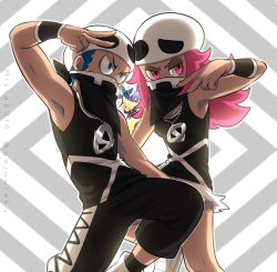 10s 1boy 1girl armpits bad_id bad_pixiv_id bandana bandana_over_mouth beret bling bloom blue_eyes blue_hair bracelet chain chain_necklace covered_mouth eyeshadow gen_1_pokemon gen_4_pokemon hat highres hotpants jewelry koffing makeup necklace nintendo npc_trainer pink_eyes pink_hair pokemon pokemon_(creature) pokemon_mystery_dungeon pokemon_mystery_dungeon:_explorers_of_time/darkness/sky pokemon_sm shoes shorts skuntank sneakers tank_top team_skull team_skull_grunt team_skull_grunt_(female) team_skull_grunt_(male) v watermark yajuuraku zubat