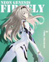 1girl absurdres alternate_costume artist_name ayanami_rei ayanami_rei_(cosplay) black_hairband bodysuit breasts commentary cosplay cowboy_shot english_commentary english_text evangelion:_3.0+1.0_thrice_upon_a_time firefly_(ar-26710)_(honkai:_star_rail) firefly_(honkai:_star_rail) from_behind grey_hair hair_between_eyes hairband highres honkai:_star_rail honkai_(series) imlyra long_hair looking_at_viewer looking_back mecha_pilot_suit medium_breasts multicolored_eyes neon_genesis_evangelion plugsuit_(evangelion) rebuild_of_evangelion solo two-tone_eyes white_bodysuit