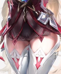 1girl alice_(genshin_impact) arms_behind_back blonde_hair close-up clover_print commentary_request dress gem genshin_impact highres jewelry korusakku legs long_hair navel panties red_dress red_sleeves simple_background solo star_(symbol) thighhighs underwear white_background white_panties white_thighhighs zettai_ryouiki