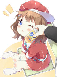 1girl ;o blue_eyes blush boots brown_hair can can_to_cheek chair collared_dress commentary_request dress drink_can flower full_body hair_flower hair_ornament hat holding holding_can idolmaster idolmaster_million_live! idolmaster_million_live!_theater_days jelly_pop_beans looking_at_viewer necktie newsboy_cap notice_lines on_chair one_eye_closed open_mouth out_of_frame red_dress red_hat short_hair sitting solo_focus striped_necktie suou_momoko toma_(shinozaki) v_arms white_background white_boots