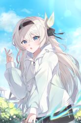 1girl absurdres alternate_costume bird black_hairband black_shorts blue_sky blush cloud firefly_(honkai:_star_rail) grey_hair hair_between_eyes hair_intakes hair_ornament hairband highres honkai:_star_rail honkai_(series) jacket long_hair looking_at_viewer open_mouth pink_eyes short_shorts shorts sky solo white_jacket zixi