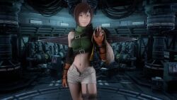 1girl 3d absurdres animated armor audible_music brown_eyes brown_hair dancing double_w final_fantasy final_fantasy_vii final_fantasy_vii_remake fingerless_gloves gloves headband highres indoors looking_at_viewer midriff music pauldrons pointing pointing_at_viewer shorts shoulder_armor single_bare_shoulder solo sound standing tagme unbuttoned video virt-a-mate w weapon weapon_on_back yuffie_kisaragi