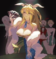 1boy 3girls ahoge alternate_costume animal_ears artoria_pendragon_(fate) artoria_pendragon_(swimsuit_ruler)_(fate) artoria_pendragon_(swimsuit_ruler)_(first_ascension)_(fate) bare_shoulders bedivere_(fate) blue_necktie blue_pantyhose blush_stickers breasts brown_hair card closed_eyes commentary crossdressing detached_collar english_commentary fake_animal_ears fangs fate/grand_order fate_(series) feather_boa fishnet_pantyhose fishnets gareth_(fate) green_eyes grey_hair grey_leotard highres holding holding_card jungle1229 large_breasts leotard long_hair midriff mordred_(fate) multicolored_hair multiple_girls navel necktie open_mouth pantyhose playboy_bunny ponytail profile rabbit_ears short_hair siblings sisters small_breasts smile stomach strapless strapless_leotard streaked_hair tongue tongue_out twitter_username uno_(game) white_leotard