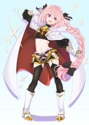 Rule 34 | 1boy, :d, adapted costume, artist name, astolfo (fate), bad id, bad twitter id, black thighhighs, blush, boots, braid, cape, crop top, fang, fate/apocrypha, fate/grand order, fate (series), garter straps, gauntlets, hair ribbon, highres, long hair, male focus, navel, open mouth, pink hair, purple eyes, ribbon, signature, single braid, smile, solo, tanaka kii, thighhighs, trap, v-shaped eyebrows, very long hair, white boots