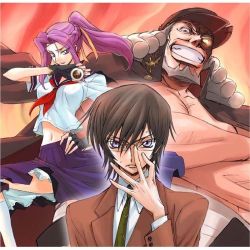 Rule 34 | 1girl, 2boys, banchou, cape, charles zi britannia, code geass, cornelia li britannia, delinquent, fingerless gloves, gakuran, glasses, gloves, high ponytail, kimura takahiro, lelouch vi britannia, lowres, midriff, multiple boys, ookouchi ricca, parody, ponytail, purple eyes, purple hair, school uniform, serafuku, skirt, sukeban
