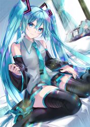 1girl aqua_eyes aqua_hair aqua_nails aqua_necktie bed black_skirt blush boots breasts clock closed_mouth collared_shirt detached_sleeves grey_shirt hair_between_eyes hair_ornament hatsune_miku highres lap_pillow_invitation long_hair long_sleeves medium_breasts necktie on_bed pleated_skirt shirt signature sitting skirt sleeveless sleeveless_shirt smile solo stuffed_toy thick_thighs thigh_boots thighs twintails tyouya very_long_hair vocaloid wariza wide_sleeves