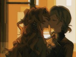 Rule 34 | 2girls, ascot, black coat, checkered hairband, closed eyes, closed mouth, coat, grey hair, hair bun, hairband, highres, imminent kiss, kiss, ligne claire, long hair, multiple girls, orange background, orange hair, reverse:1999, single side bun, sonetto (reverse:1999), two side up, upper body, vertin (reverse:1999), white ascot, yuri, zhizhizi