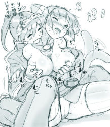 1boy 1girl blush breasts breath_of_fire breath_of_fire_v cum dr.p fang grabbing_another&#039;s_breast groping hetero large_breasts lin lin_(breath_of_fire) lowres monochrome ryu_(breath_of_fire_v) thighhighs