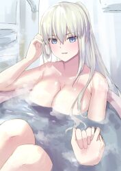 1girl 1other bathing bathtub blue_eyes blush braid breasts cleavage collarbone fate/grand_order fate_(series) grey_hair highres holding_hands large_breasts long_hair looking_at_viewer morgan_le_fay_(fate) natu_zame ponytail sidelocks smile solo_focus very_long_hair water