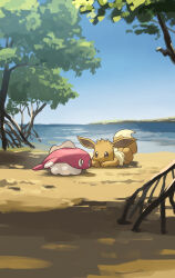 Rule 34 | beach, blue sky, brown eyes, brown fur, colored skin, commentary request, eevee, fish, gen 1 pokemon, highres, horizon, lying, nintendo, no humans, on stomach, outdoors, pokemon, pokemon (creature), red skin, sky, tatsugiri, tatsugiri (droopy), tree, yamaori (hakkentai pokedan)