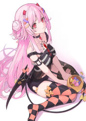 1girl argyle_clothes argyle_thighhighs asymmetrical_legwear bandaid bandaid_hair_ornament bare_shoulders black_camisole black_shorts black_thighhighs black_wings braid breasts camisole candy candy_wrapper closed_mouth colored_shadow commentary_request demon_girl demon_horns demon_tail demon_wings food garter_straps hair_bun hair_ornament hair_spread_out halloween horns hu_kotora long_hair looking_at_viewer low_wings mismatched_legwear no_shoes original pink_hair red_eyes shadow short_shorts shorts single_side_bun sitting small_breasts solo strap_slip tail tears thighhighs torn_clothes torn_thighhighs very_long_hair wariza white_background wings wrapped_candy x_hair_ornament