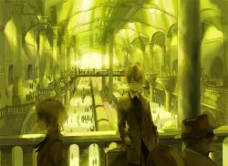 Rule 34 | 1boy, 1girl, bad id, bad pixiv id, green theme, indoors, jimu kaji, kajimiya (kaji), light rays, original, scenery, sunbeam, sunlight, train, train station