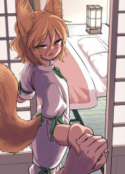 Rule 34 | 1girl, 1other, absurdres, andon (lighting), animal ear fluff, animal ears, bedroom, blanket, blonde hair, blush, fox ears, fox girl, fox tail, futon, fuuzasa, green ribbon, hair between eyes, highres, holding hands, kudamaki tsukasa, looking at viewer, open mouth, pillow, pointing, pointing at self, pov, ribbon, short hair, sliding doors, standing, tail, touhou, white romper, yellow eyes