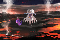 banned_artist commentary_request creatures_(company) evolution_stone evolutionary_stone fire_stone forgotten_artist game_freak gen_7_pokemon holding lava night nihilego nintendo no_humans open_mouth outdoors poipole pokemon pokemon_(creature) sky standing steam ultra_beast