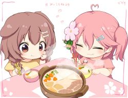 2girls :3 ahoge alternate_costume animal_ears blush bone bone_hair_ornament bowl braid brown_eyes brown_hair carrot cherry_blossom_print cherry_blossoms chibi chopsticks closed_mouth dog_ears dog_girl eating closed_eyes floral_print flower food food_on_face hair_flower hair_ornament hairclip hashtag heart heart-shaped_food heart_ahoge highres hololive inugami_korone meat medium_hair multiple_girls nejime one_side_up pink_hair pink_shirt pot rice rice_on_face sakura_miko shirt soup table twin_braids virtual_youtuber white_background yellow_shirt