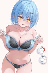 Rule 34 | 1girl, 7nopi, absurdres, ahoge, blue bra, blue hair, blue panties, blush, bow, bow panties, bra, breasts, cleavage, commentary, crossed bangs, double-parted bangs, fang, gluteal fold, hair between eyes, hair ornament, hairclip, heart, heart ahoge, highres, hololive, lace, lace-trimmed bra, lace trim, large breasts, lingerie, looking at viewer, multicolored hair, nail polish, navel, open mouth, panties, pointy ears, short hair, simple background, skin fang, solo, stomach, strap pull, streaked hair, underwear, underwear only, virtual youtuber, white background, yellow eyes, yukihana lamy, yukimin (yukihana lamy)