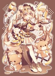 Rule 34 | 1girl, ankle boots, blonde hair, blush, boots, bow, braid, brown background, brown capelet, brown hat, brown nails, brown pantyhose, capelet, commentary, cookie, donut, dress, dress bow, fold-over boots, food, food in mouth, frilled capelet, frilled dress, frills, full body, hat, heart, high heels, holding, holding tray, hyou (pixiv3677917), long hair, long sleeves, looking at viewer, mouth hold, multicolored hair, multicolored nails, nail polish, necktie, original, outline, pantyhose, puffy long sleeves, puffy sleeves, ribbon, short necktie, signature, single thighhigh, solo, standing, stuffed animal, stuffed toy, symbol-only commentary, teddy bear, thighhighs, thighhighs over pantyhose, tray, twin braids, twintails, two-tone hat, very long hair, white boots, white dress, white hat, white outline, white thighhighs, yellow bow, yellow eyes, yellow nails, yellow necktie, yellow ribbon