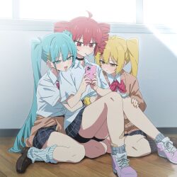 3girls absurdres akita_neru alternate_costume antenna_hair bandaid bandaid_on_leg bike_shorts_under_skirt black_choker black_shirt black_shorts black_socks blonde_hair blue_eyes blue_hair blush bow bowtie brown_cardigan candy cardigan cardigan_around_waist cellphone channel_(caststation)_(style) choker clothes_around_waist collared_shirt day diagonal-striped_bow diagonal-striped_bowtie diagonal-striped_clothes fingernails food hair_between_eyes hatsune_miku highres holding holding_phone indoors kasane_teto kneehighs lollipop long_sleeves mouth_hold multiple_girls open_mouth pan_(ryu) phone pink_bow pink_bowtie red_eyes school_uniform shirt short_sleeves shorts side_ponytail sitting sitting_on_person smartphone socks striped_clothes triple_baka_(vocaloid) triple_ryuunen twintails utau vocaloid window wing_collar yellow_eyes yellow_nails