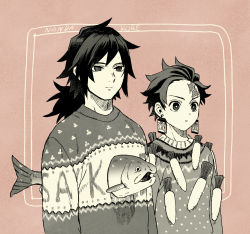 2boys casual clothes_writing daikon earrings empty_eyes expressionless fish hair_slicked_back jewelry kamado_tanjirou kimetsu_no_yaiba komisashi long_hair long_sleeves looking_afar male_focus monochrome multiple_boys radish scar scar_on_face scar_on_forehead short_hair side-by-side sweater tomioka_giyuu upper_body
