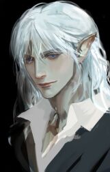 Rule 34 | 1boy, 9eujang, black background, black jacket, blue eyes, closed mouth, collared shirt, commentary request, estinien varlineau, final fantasy, final fantasy xiv, formal clothes, hair behind ear, jacket, korean commentary, long hair, long pointy ears, looking to the side, male focus, open collar, pointy ears, shirt, sideways glance, smile, solo, upper body, white hair, wing collar