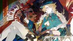 1boy ace_(playing_card) ace_of_spades aqua_shirt aventurine_(honkai:_star_rail) black_gloves black_hat blonde_hair bracelet card clothing_cutout collared_shirt commentary_request earrings ezu_(e104mjd) fur_trim glasses gloves hat highres honkai:_star_rail honkai_(series) jack_(playing_card) jack_of_spades jacket jewelry king_(playing_card) king_of_hearts_(playing_card) looking_at_viewer male_focus open_mouth pants pectoral_cleavage pectorals playing_card queen_(playing_card) queen_of_spades_(playing_card) shirt sitting solo spade_(shape) ten_of_spades tongue tongue_out white_pants