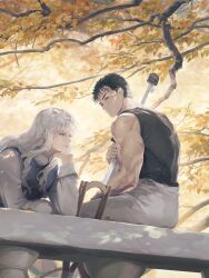 2boys absurdres androgynous autumn_leaves bare_shoulders berserk black_hair black_shirt blue_eyes blue_vest blurry brown_eyes closed_mouth collared_shirt commentary_request crutch cuts dappled_sunlight depth_of_field elbow_rest greatsword griffith_(berserk) guts_(berserk) hand_on_blade hand_on_lap hand_on_own_chin hand_up head_rest highres holding holding_sword holding_weapon injury leaf long_hair long_sidelocks long_sleeves looking_ahead looking_to_the_side male_focus multiple_boys muscular muscular_male on_railing outdoors pants railing scar scar_on_arm scar_on_face scar_on_nose shirt sidelocks sitting spencer_sais spiked_hair sunlight sword tank_top tree vest wavy_hair weapon white_hair white_pants white_shirt
