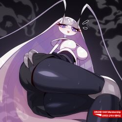 1girl alternate_color animal_hands antennae arthropod_girl artist_name ass black_background black_skin blue_pupils blush breasts claws closed_mouth colored_skin drunkoak english_text female_focus furry furry_female game_freak gen_7_pokemon half-closed_eyes hand_on_own_ass highres joints korean_text legs_together long_hair lying medium_breasts multicolored_skin nintendo notice_lines on_side pheromosa pokemon pokemon_(creature) presenting purple_eyes shiny_pokemon shiny_skin solo steam steaming_body sweat thighs tongue tongue_out translation_request two-tone_skin ultra_beast very_long_hair watermark white_hair white_skin wide_hips
